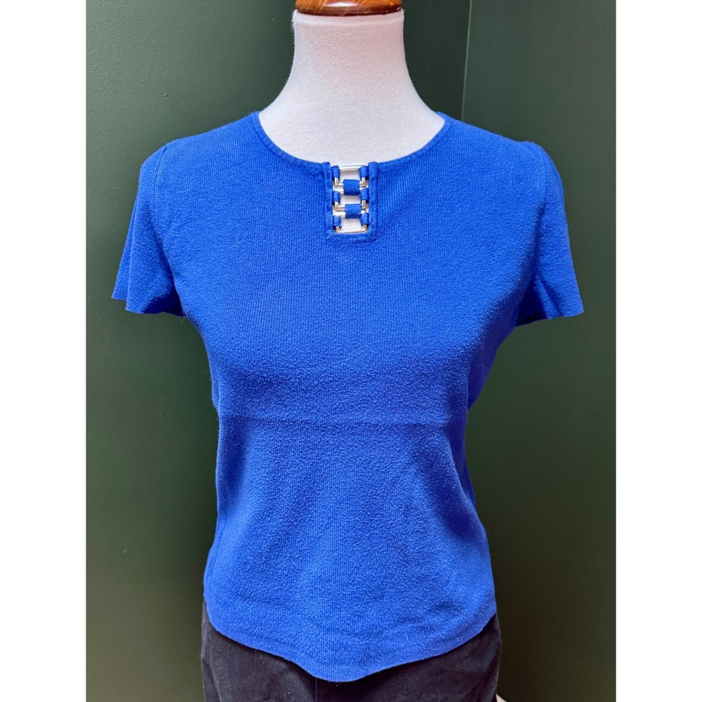 Vintage Sag Harbor‎ Short Sleeve Embellished Neckline Blue Top Women's Size S